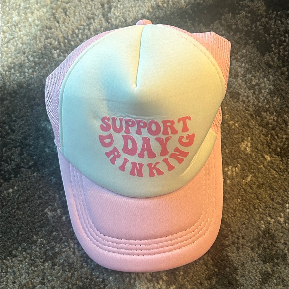 pink and white "Support Day Drinking" trucker hat